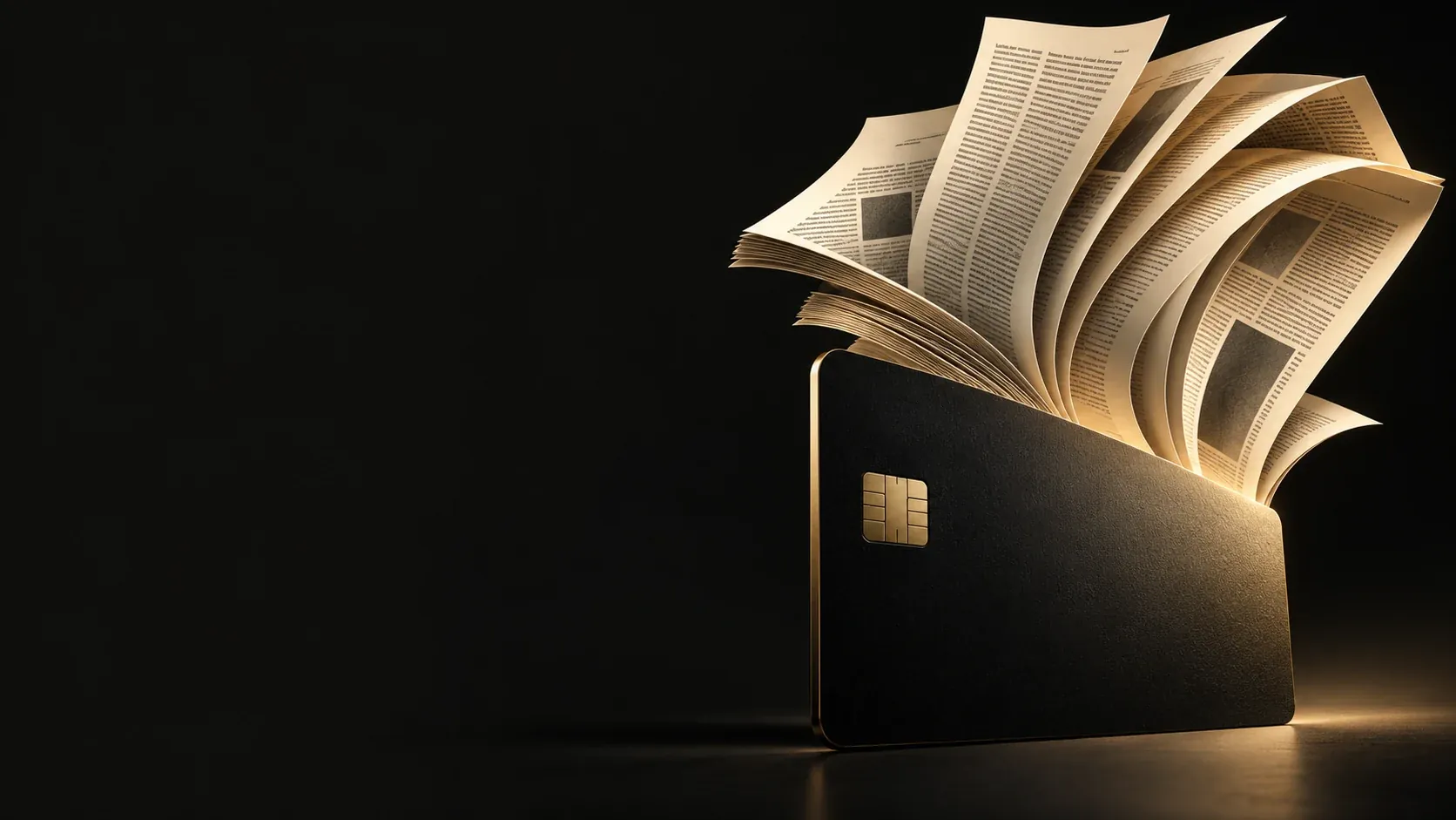 An editorial illustration of a black bank card becoming a printing press, with a fan of illuminated pages.